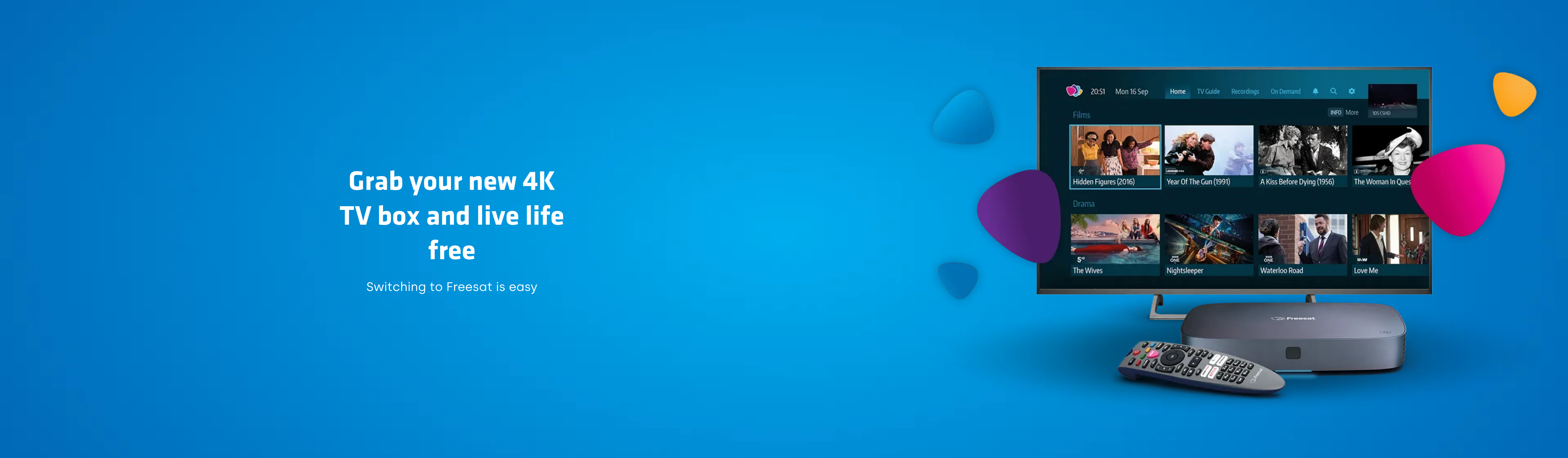 Freesat 4K UHD TV box with 170+ free channels and live TV display showing BBC, ITV, Channel 4, streaming apps, and on-demand content