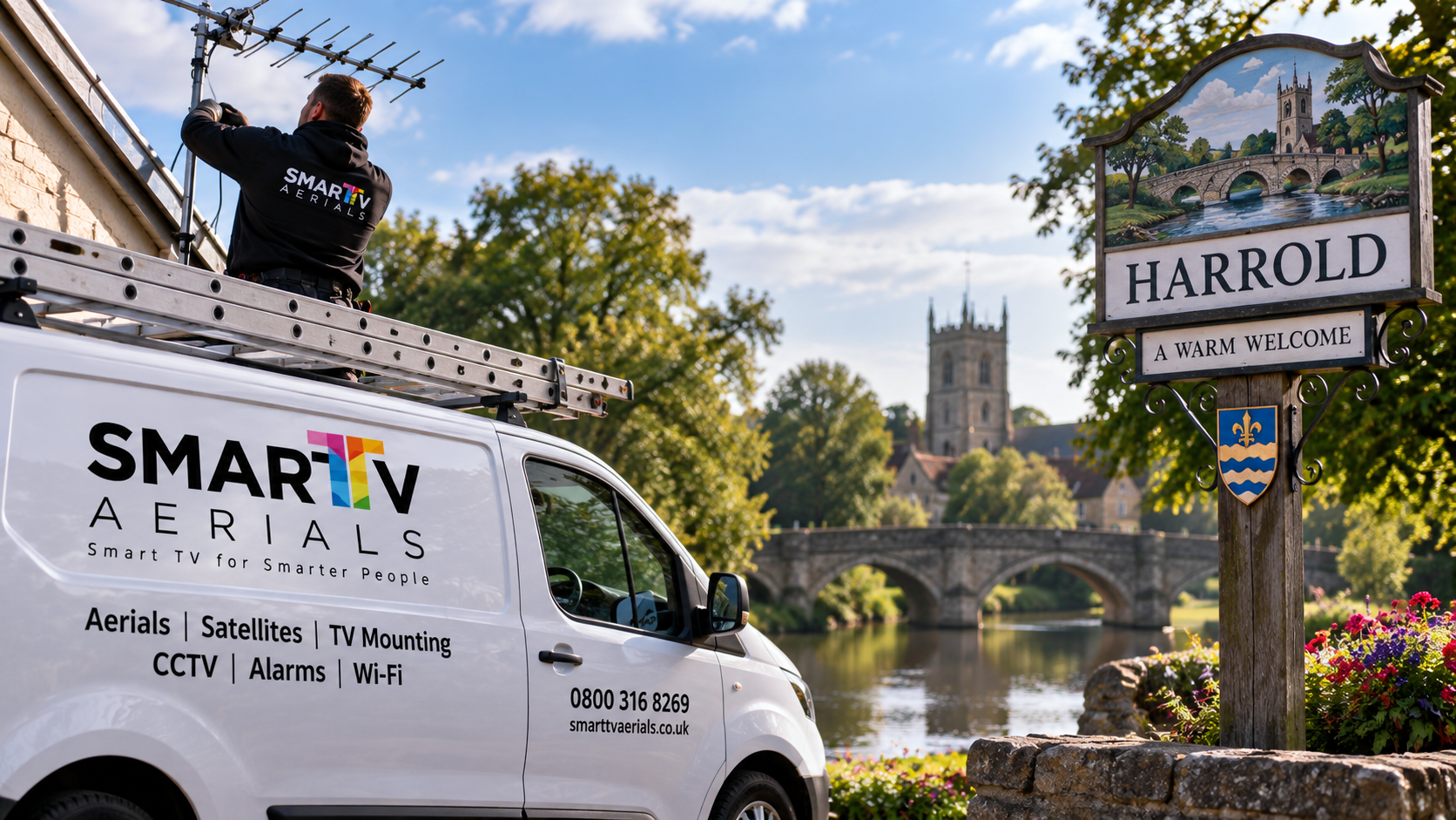 Smart TV Aerials installer fitting a TV aerial, with the branded company van parked beside a village setting