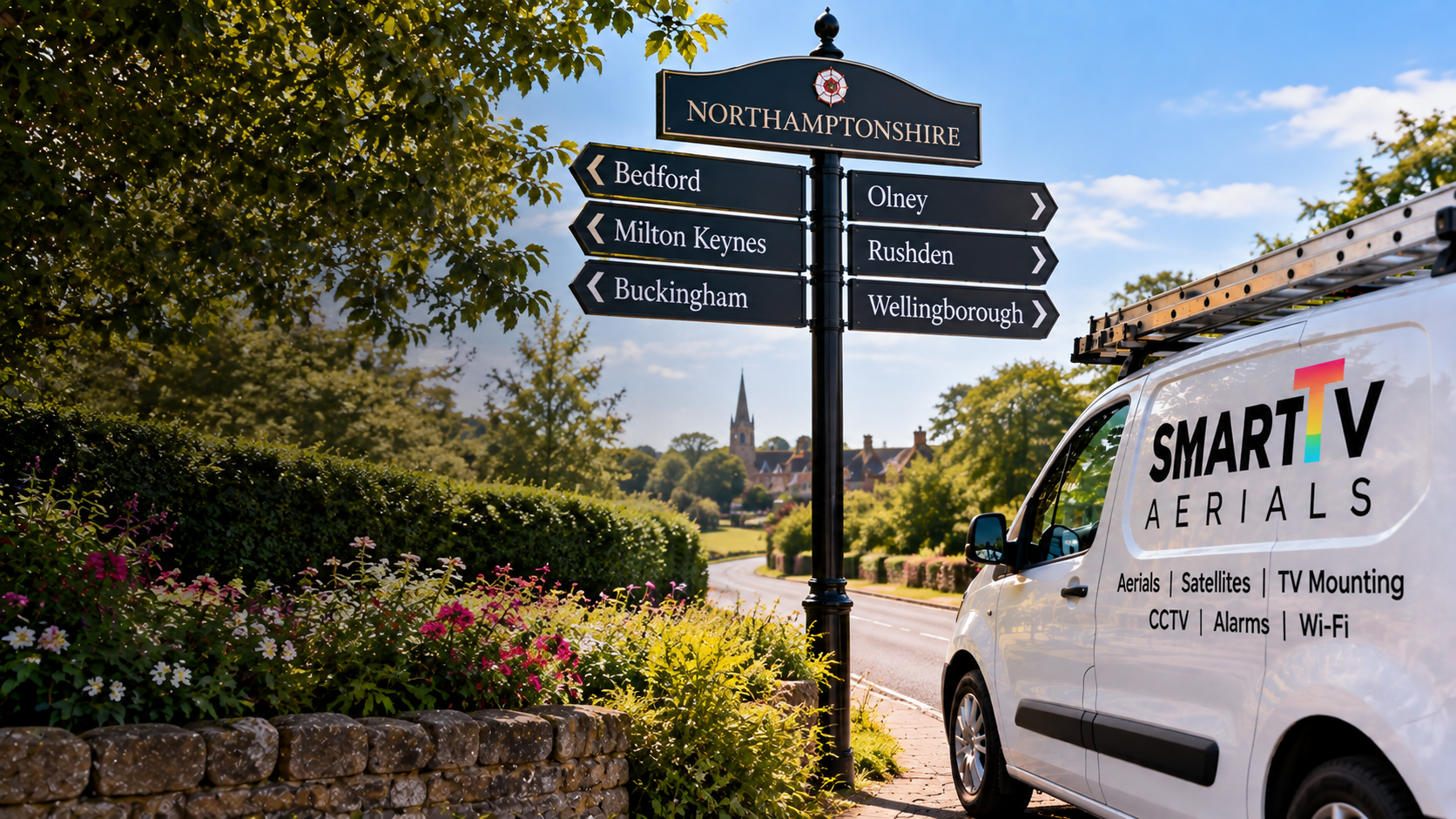Smart TV Aerials branded van beside a regional signpost showing Bedford, Milton Keynes, Buckingham, Olney, Rushden and Wellingborough