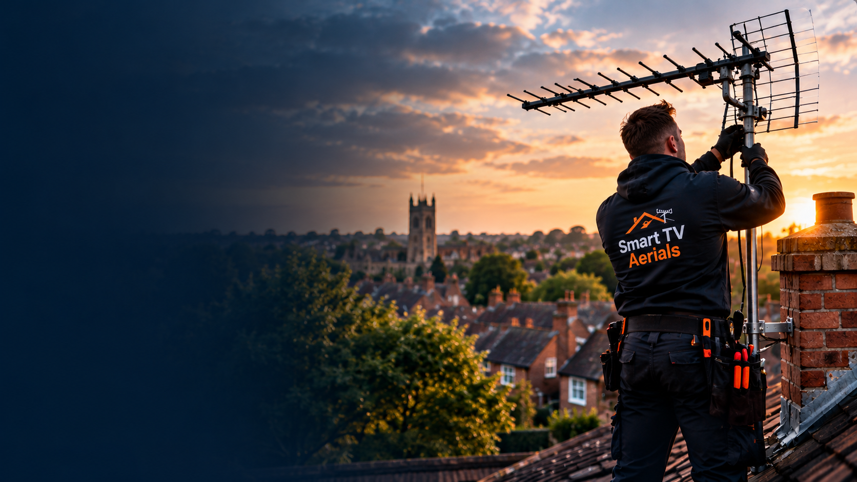 Smart TV Aerials engineer installing a digital TV aerial on a chimney at sunset overlooking Bedford