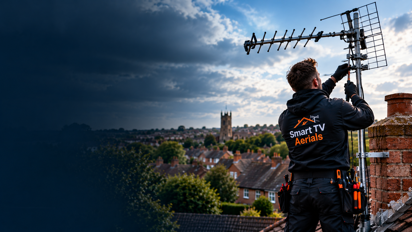 Smart TV Aerials engineer repairing a rooftop TV aerial on a chimney overlooking Bedford