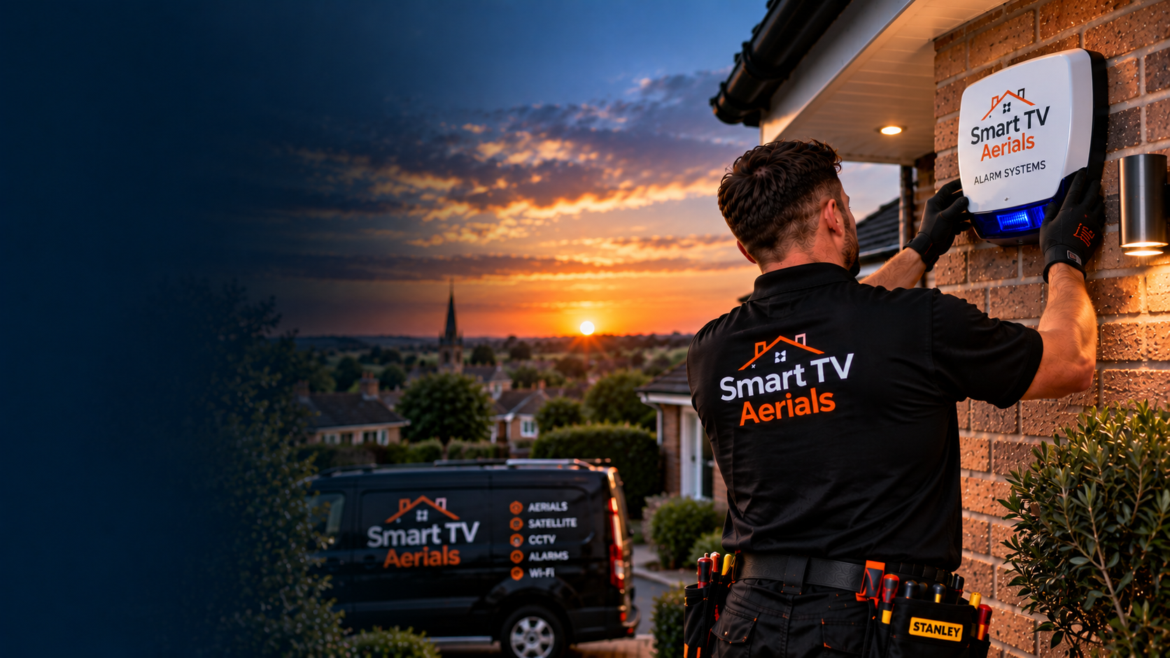 Smart TV Aerials engineer installing an external alarm sounder on a Bedford property