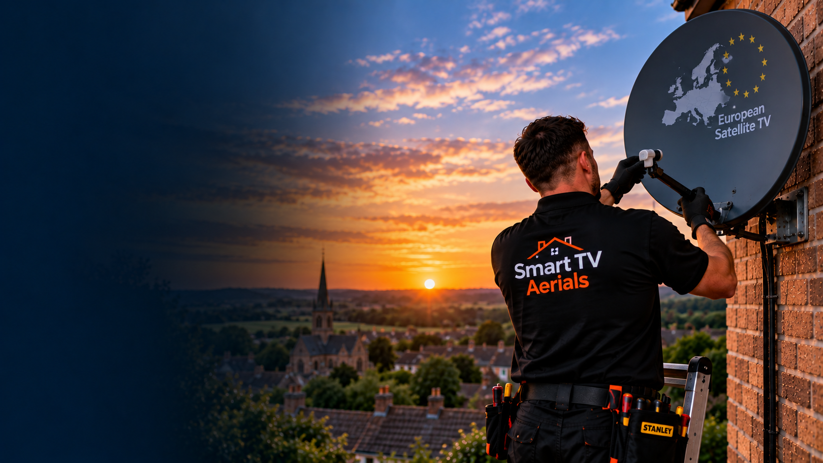 Smart TV Aerials engineer installing a European satellite dish on a Bedford property