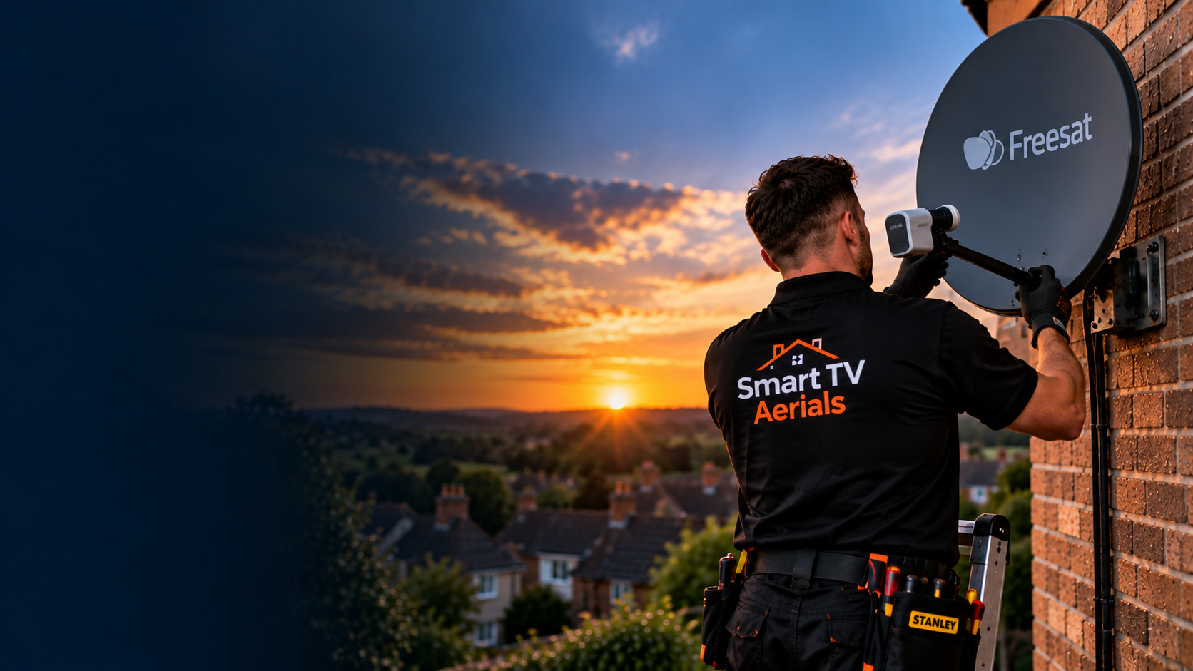 Smart TV Aerials engineer installing a Freesat satellite dish on a Bedford property