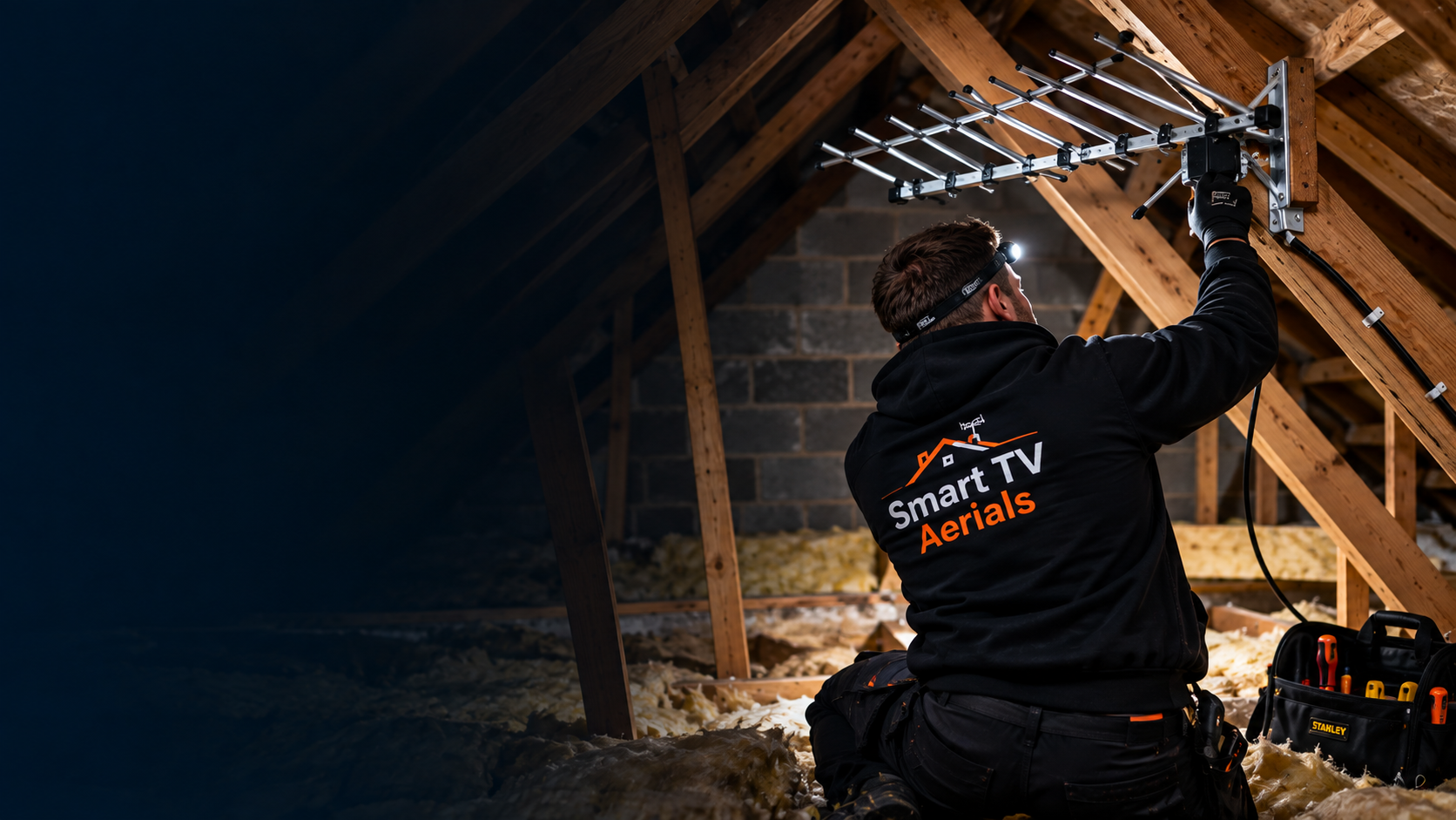 Smart TV Aerials engineer installing a TV aerial inside a loft space in Bedford
