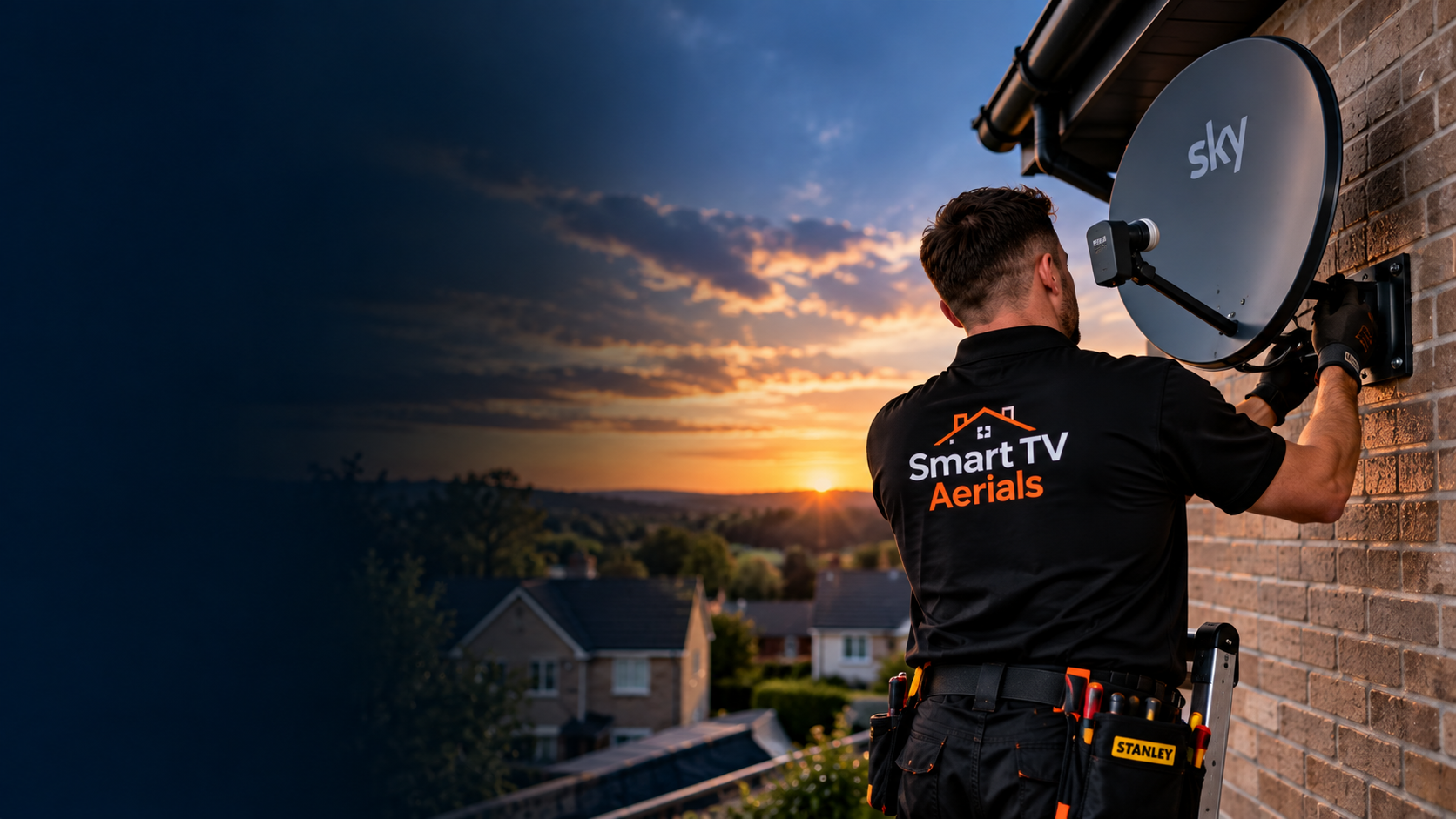 Smart TV Aerials engineer installing a satellite dish on a Bedford property