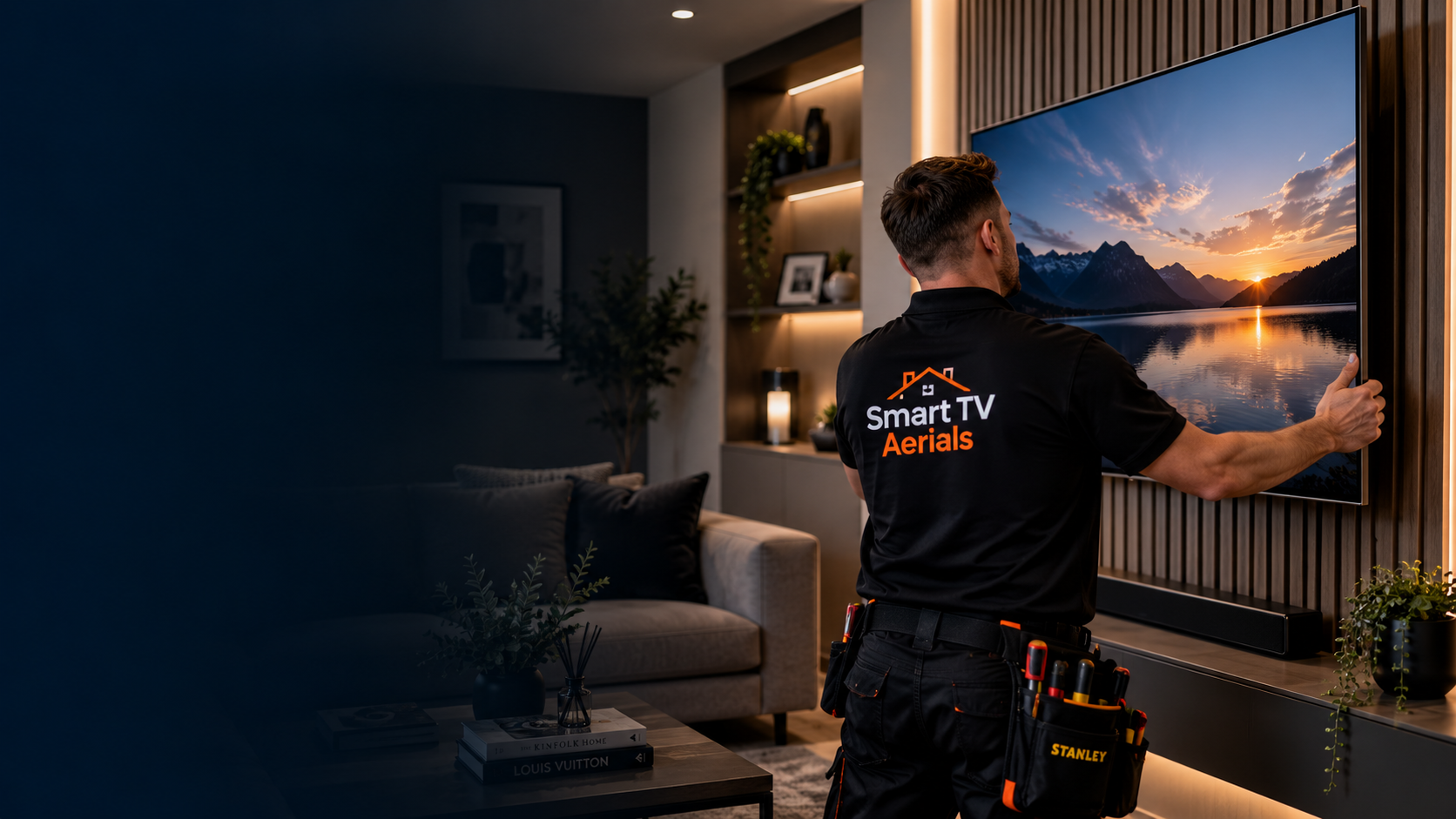 Smart TV Aerials engineer wall mounting a TV in a Bedford living room