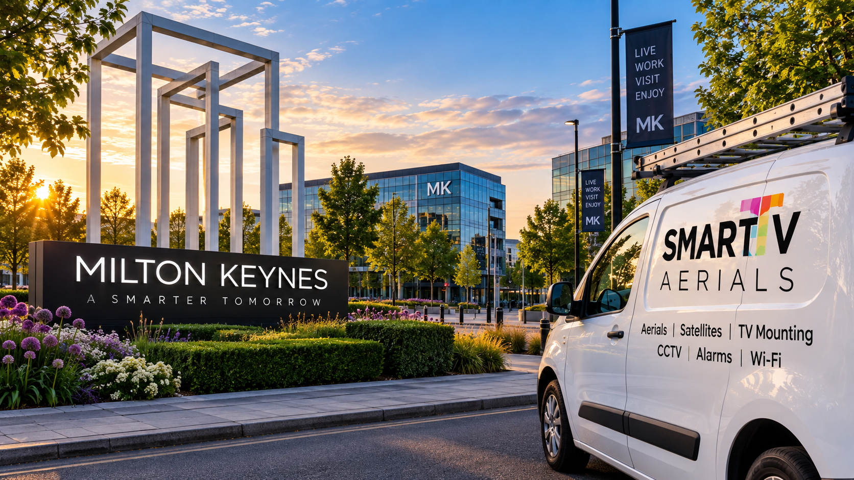 Smart TV Aerials branded van beside the Milton Keynes city entrance sign and skyline