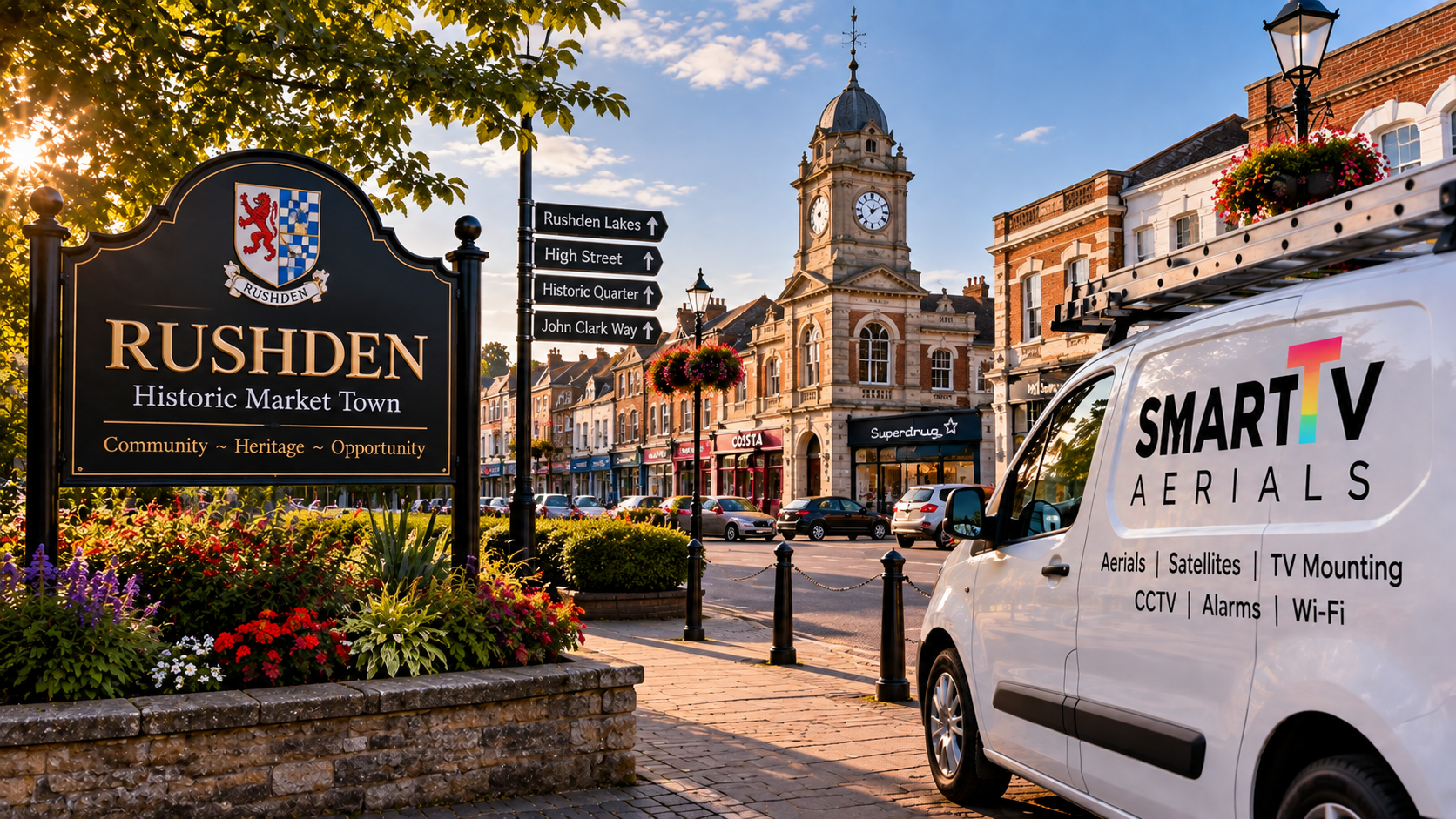 Smart TV Aerials branded van beside the Rushden historic market town sign and clock tower